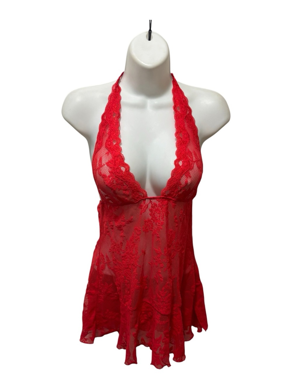 Victoria’s Secret Red Lacey Stretch Babydoll Chemise Sz M Plunging Neckline Sexy